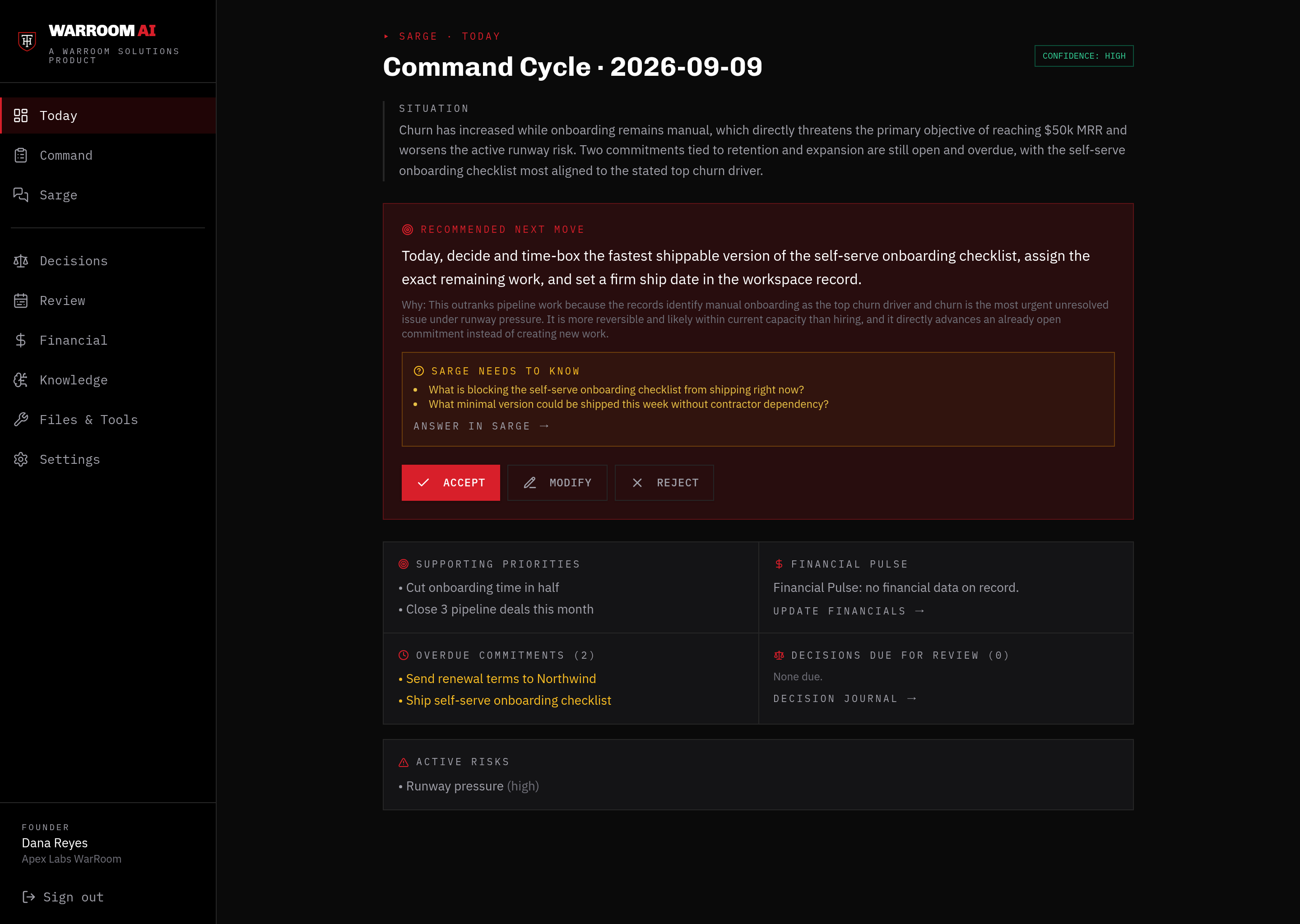 Today · Daily Command Cycle — WarRoom AI Sarge product screenshot